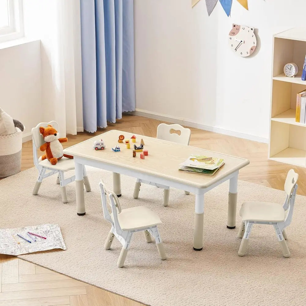 Kids Table and 4 Chairs Set, Children Study Desk, Dining Table, Height Adjustable Plastic Desk Painting Desktop Toddler Furnitur