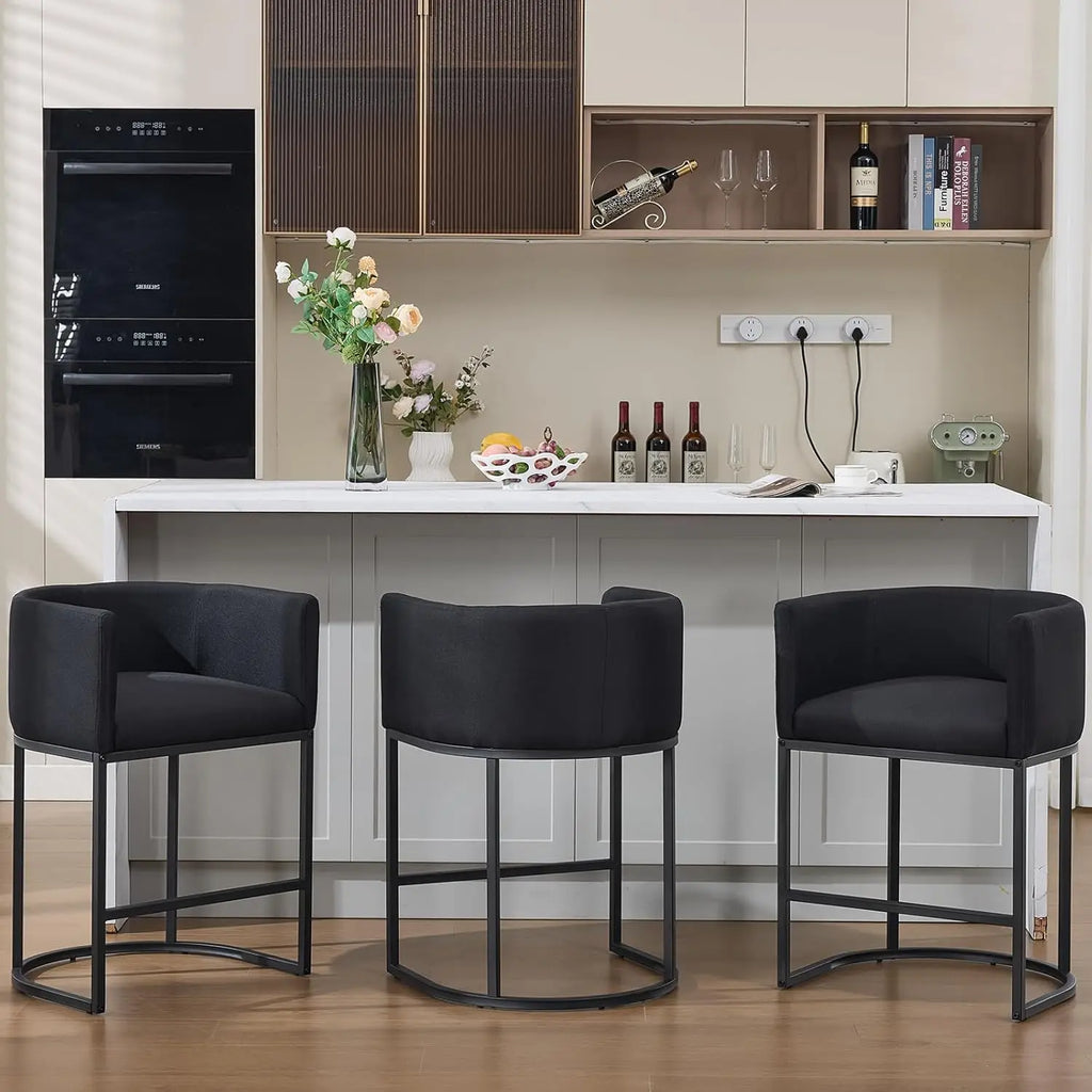 25in Counter Height Bar Stools Set of 3 with Backrest Metal Frame Linen Upholstered Kitchen Island Cafe Beige, Customized