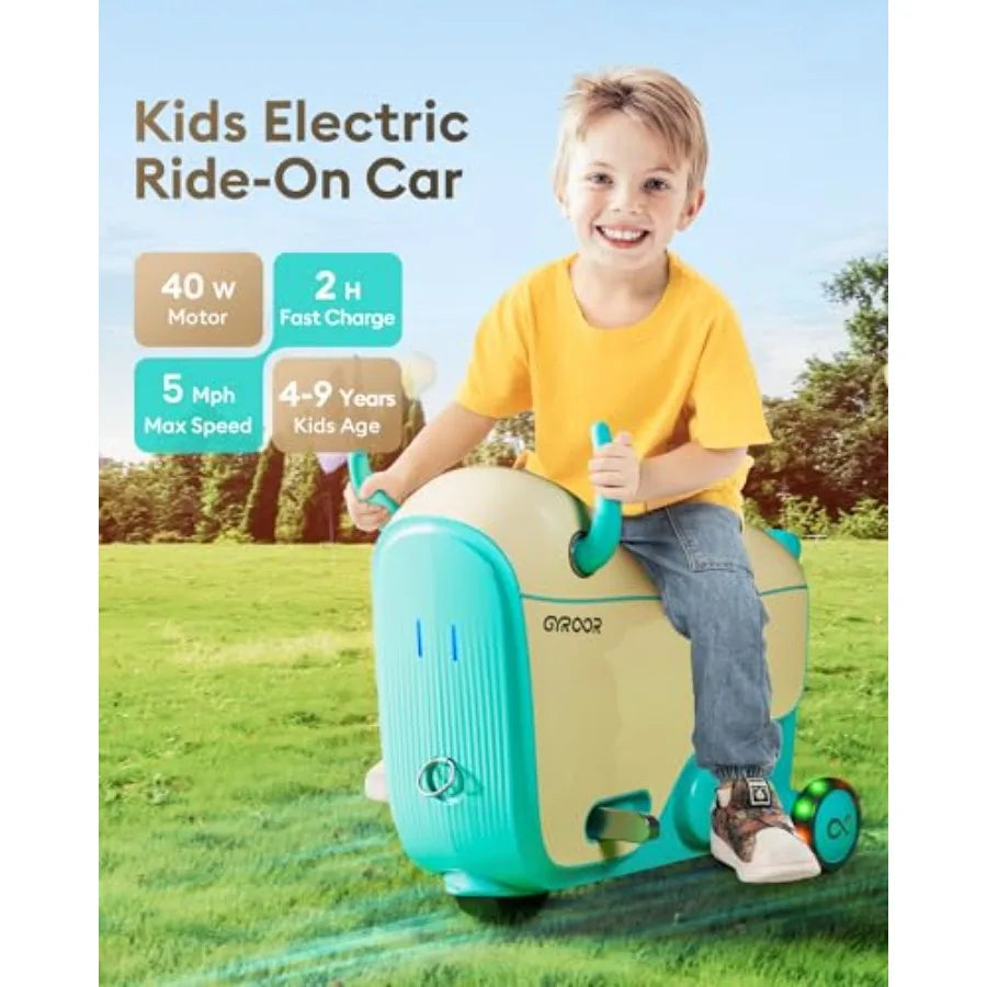electric ride-on car for indoor, outdoor, and travel use; ABS plastic body; red color; flashing wheels, adjustable speeds, 14L