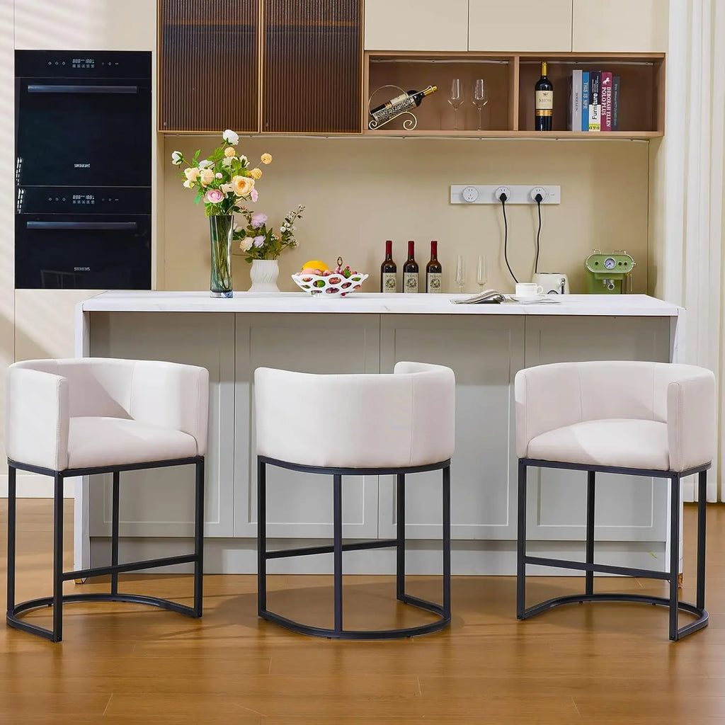 25in Counter Height Bar Stools Set of 3 with Backrest Metal Frame Linen Upholstered Kitchen Island Cafe Beige, Customized