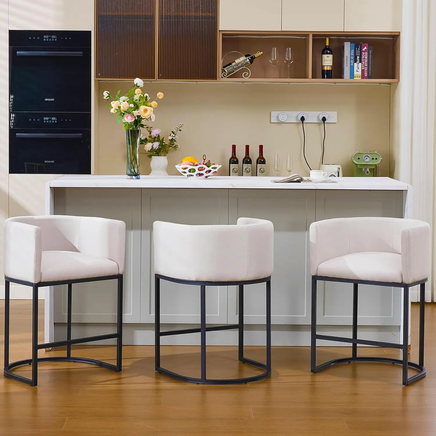 25in Counter Height Bar Stools Set of 3 with Backrest Metal Frame Linen Upholstered Kitchen Island Cafe Beige, Customized