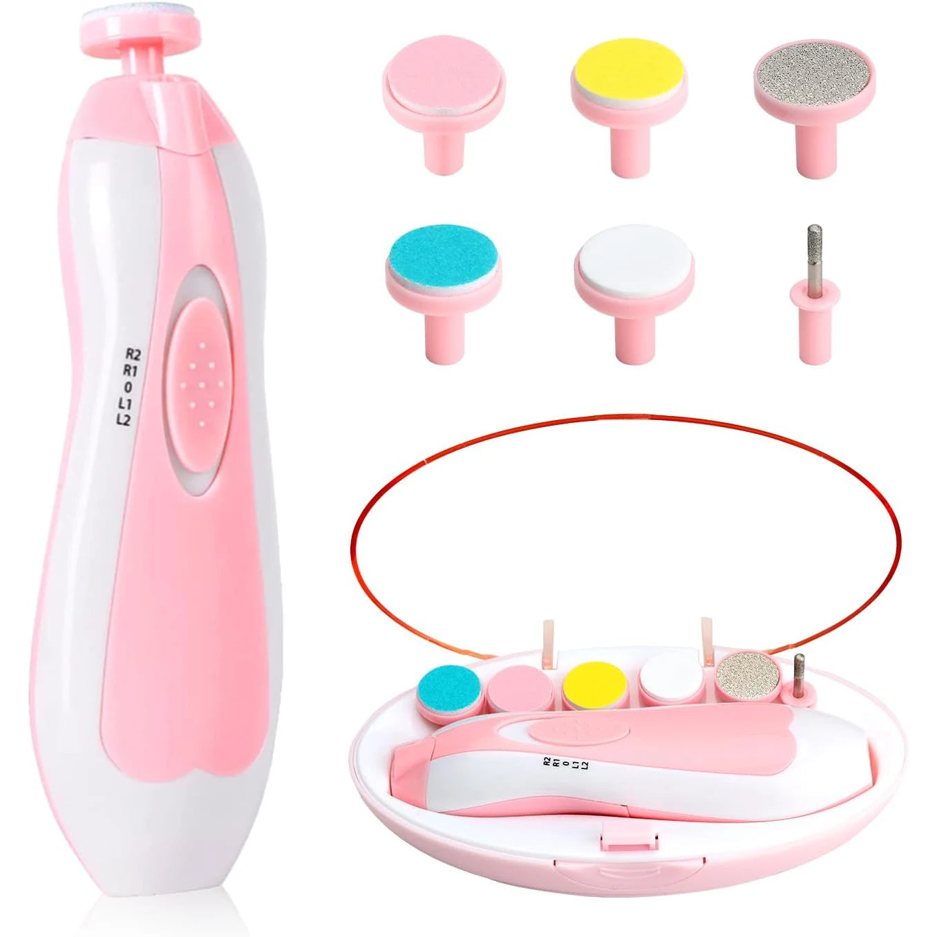Baby Nail Trimmer Electric Kit Fingernails Toes Care Manicure 6-in-1 Set with LED Light for Newborn Kids and Adult Available in Pink and Blue.
