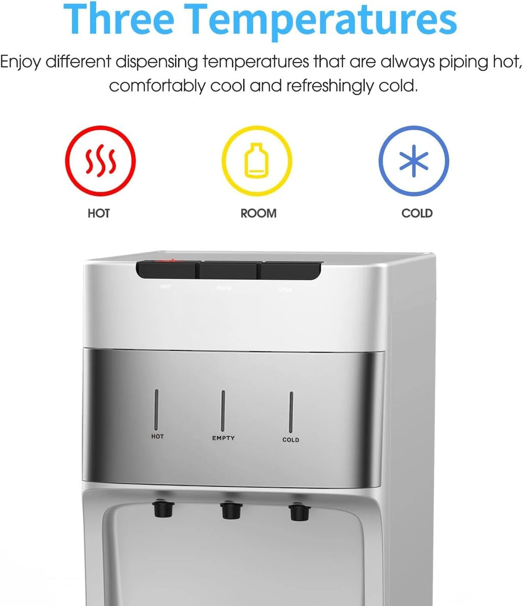Self-Cleaning Water Cooler Dispenser Bottom Load for 3-5 Gallon Bottle with Safety Lock LED Display Light，Silver