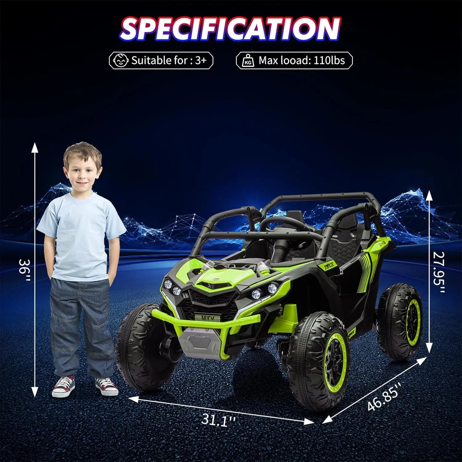 24V 2-Seater Ride-on UTV Kids 4WD Off-Road Electric Vehicle,Remote Control,LED Lights,Music,Horn,Shock Absorbers,110 Lbs Load