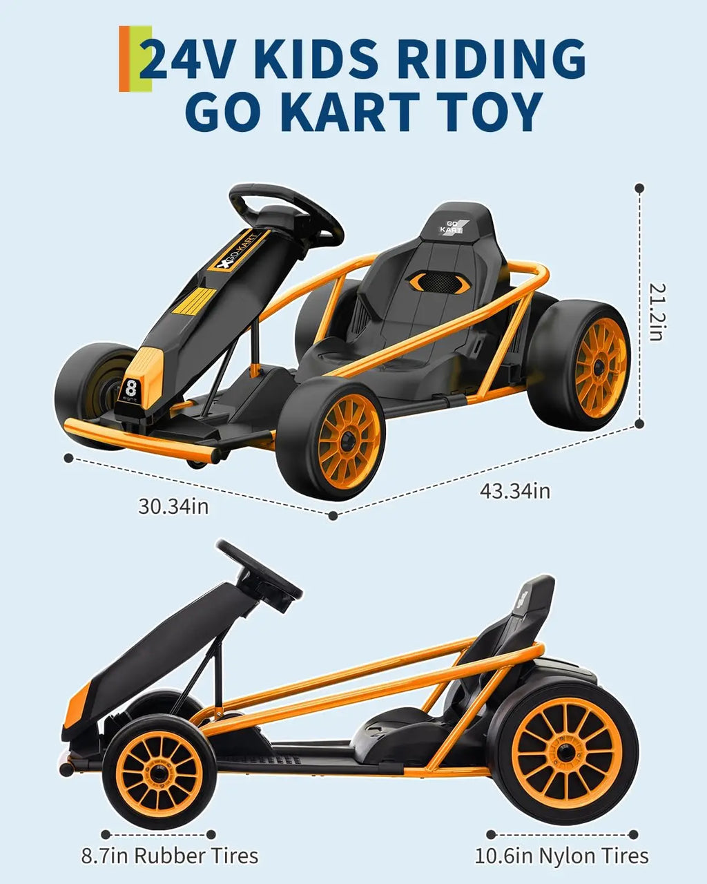 24V 9Ah Kids Ride On Go Kart Toy,High Speed 8.1MPH Drifting Car with 2x300W Motors Full Metal Frame,Music,for Kids 86-12 Years