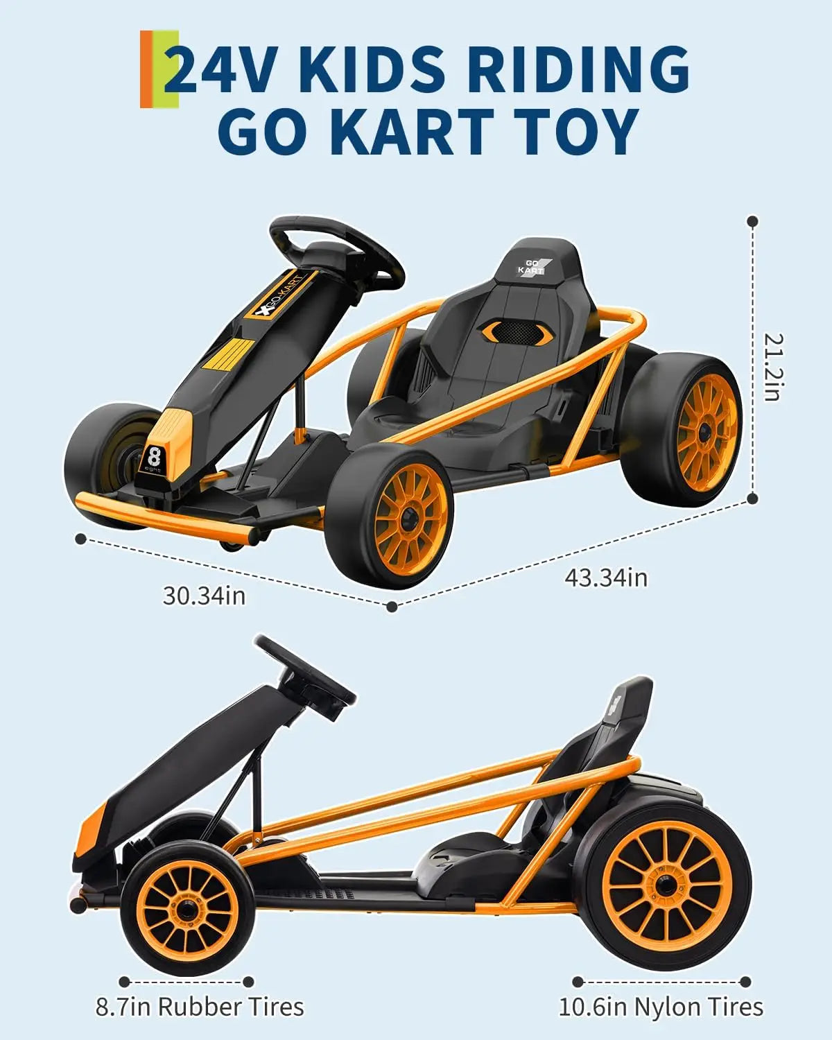 24V 9Ah Kids Ride On Go Kart Toy,High Speed 8.1MPH Drifting Car with 2x300W Motors Full Metal Frame,Music,for Kids 86-12 Years