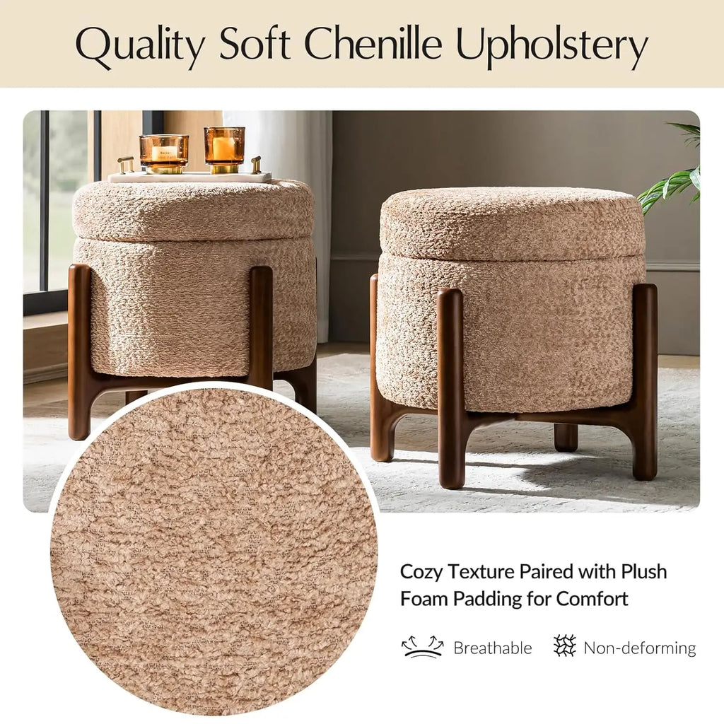 Storage Ottoman Coffee Tables Set of 2 with Solid Wood Base, Modern Round Ottomans with Storage, Chenille, Customized