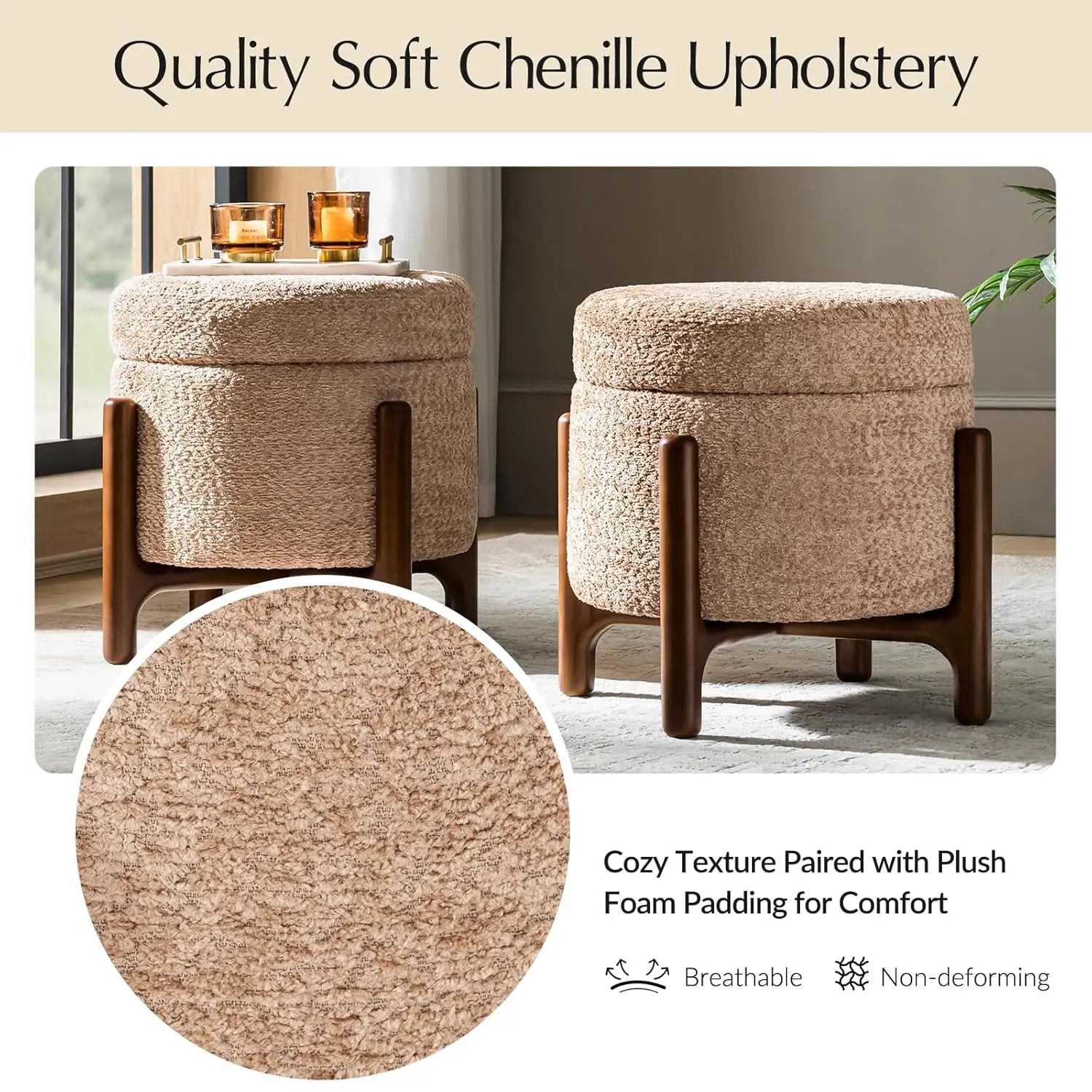 Storage Ottoman Coffee Tables Set of 2 with Solid Wood Base, Modern Round Ottomans with Storage, Chenille, Customized