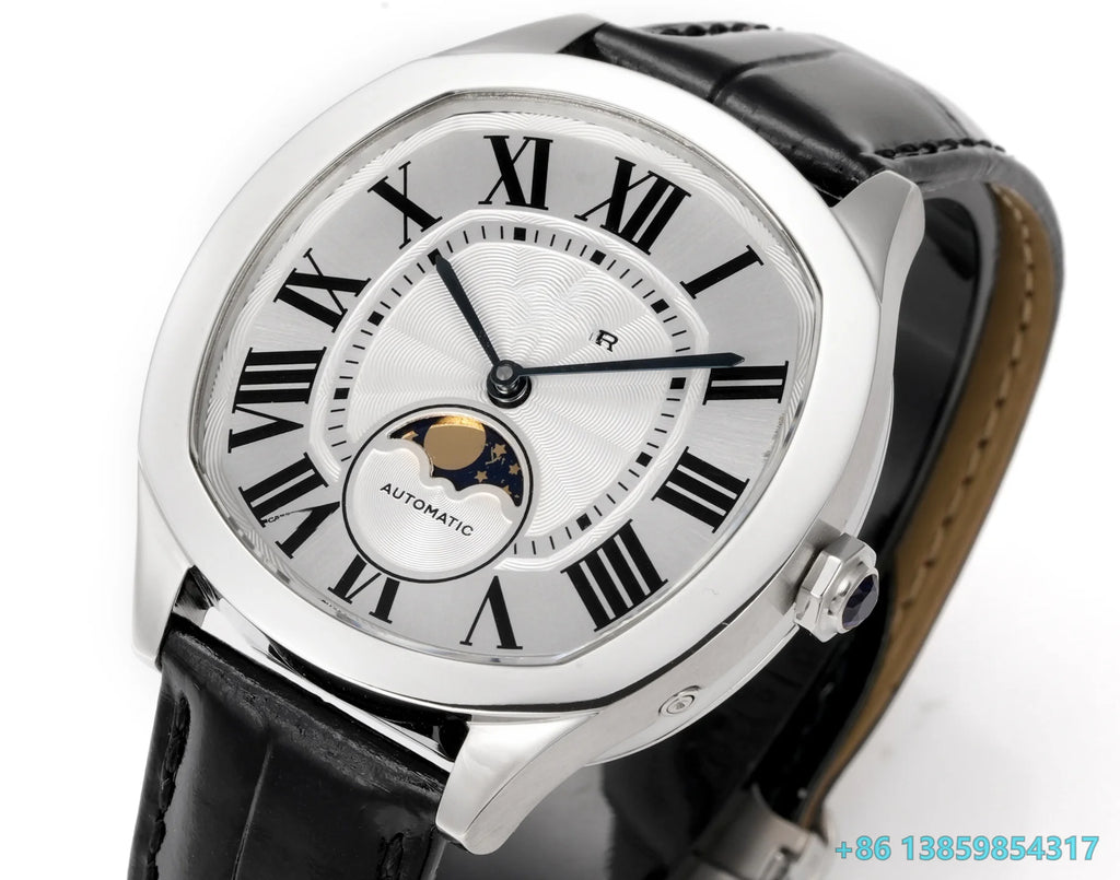 Men Automatic Self-Wind Mechanical Watch Leather Strap Stainless Steel Case Sapphire Crystal Roman Dial Moon Phase Dress Wristwatch