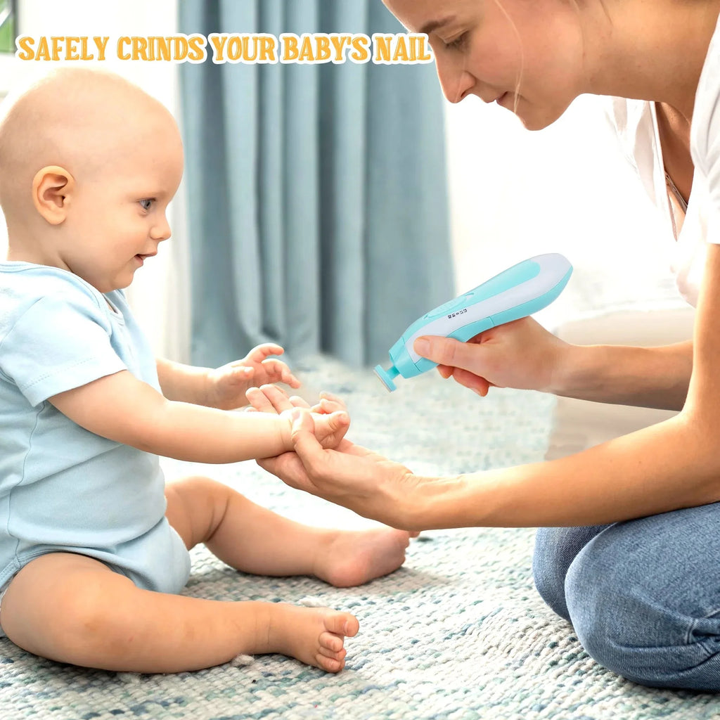Baby Nail Trimmer Electric Kit Fingernails Toes Care Manicure 6-in-1 Set with LED Light for Newborn Kids and Adult Available in Pink and Blue.